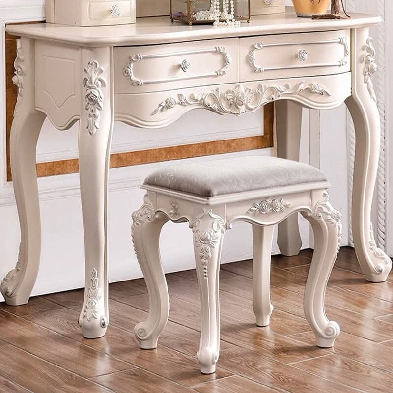 Printed Velvet Vanity Stool with White Resin Curved Legs