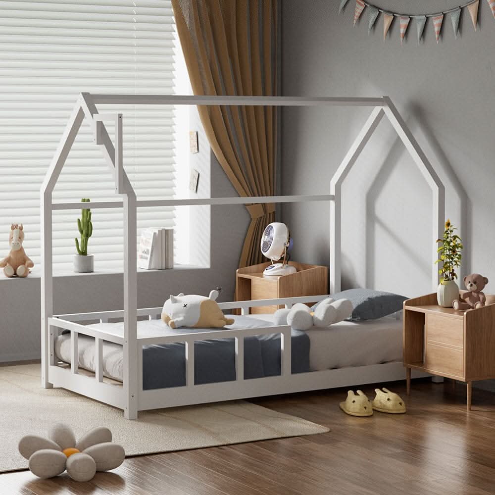 167cm W House Bed Frame Wood Toddler Bed with Safety Guard Fence