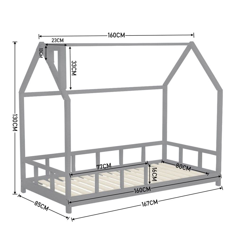 80X160CM Grey Wooden Single House Bed for Kids
