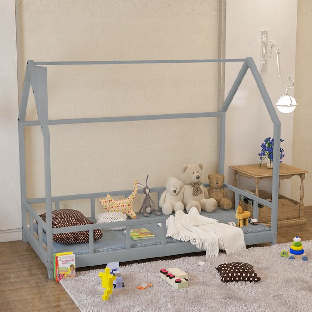 80X160CM Grey Wooden Single House Bed for Kids