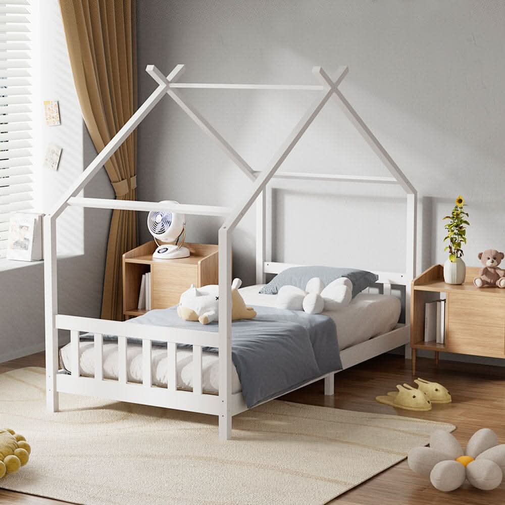 206cm W Nordic Style Pine Wood Bed Frame Toddler Kid Single Bed with Roof
