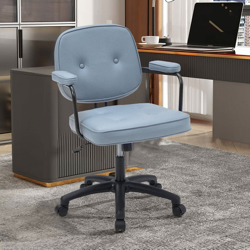 Blue Upholstered Office Chair with Armrests and Rolling Wheels