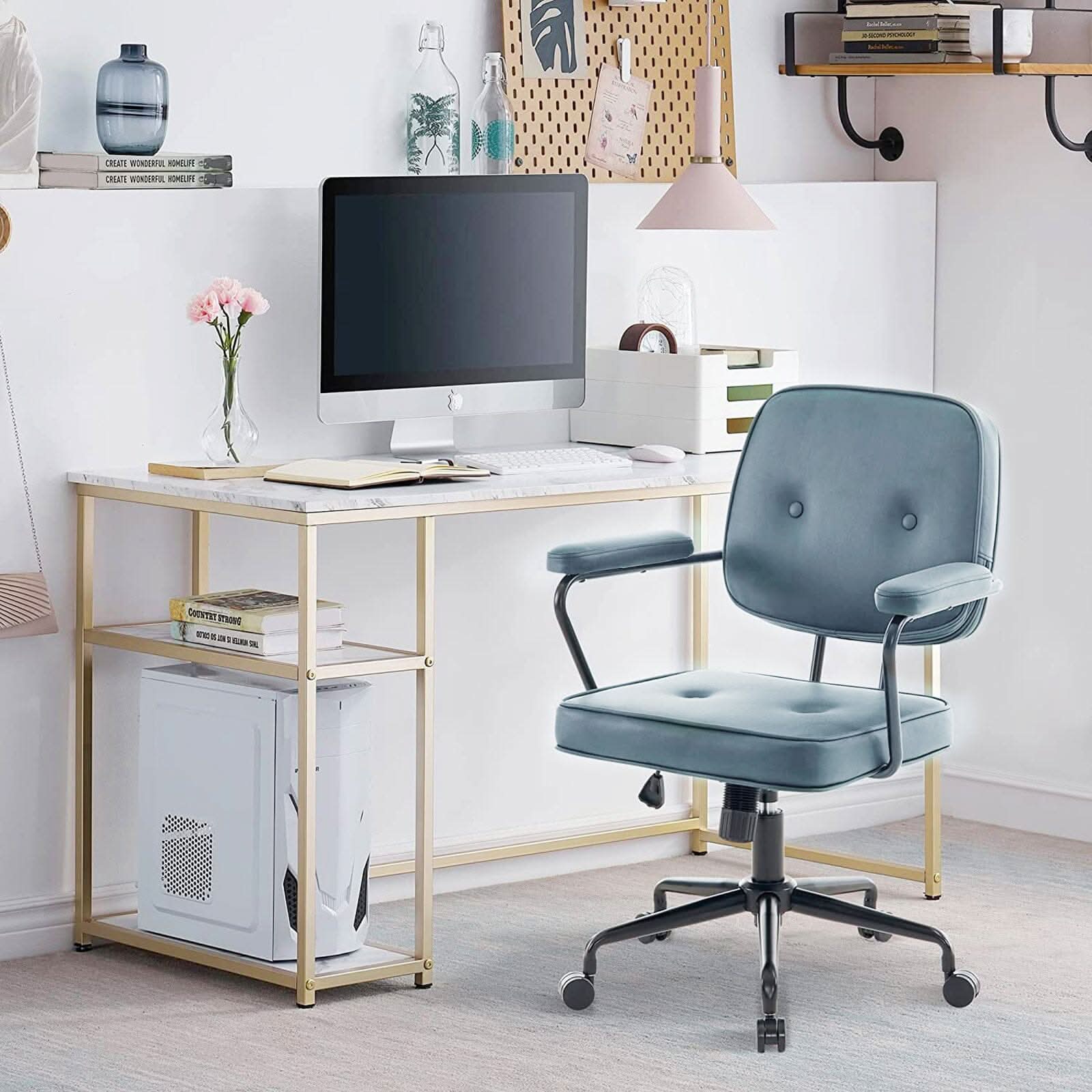 Blue Upholstered Office Chair with Armrests and Rolling Wheels