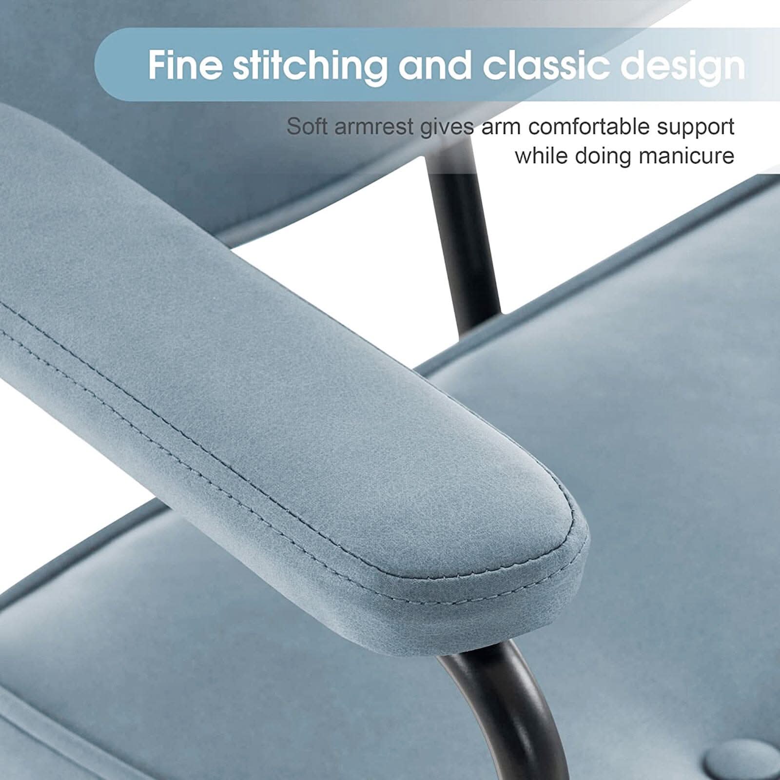 Blue Upholstered Office Chair with Armrests and Rolling Wheels