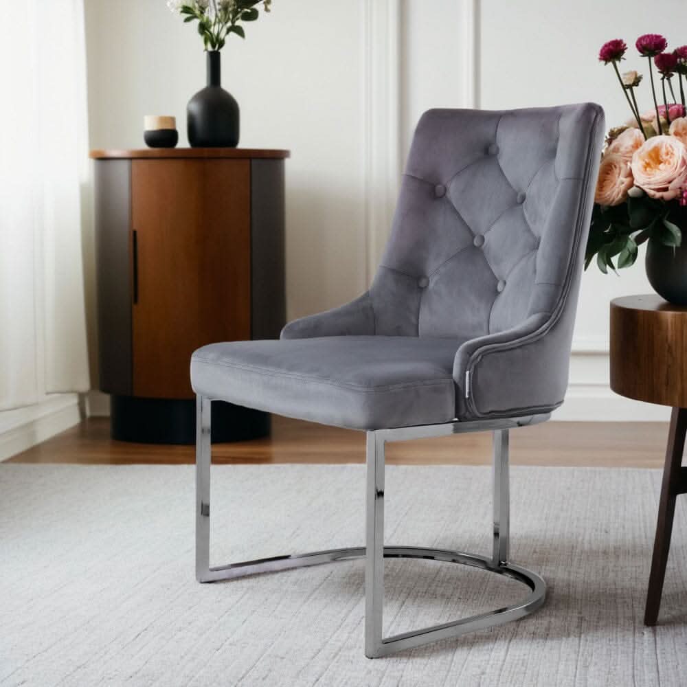 Velvet Upholstered Dining Chair Button Tufted Design Light Grey