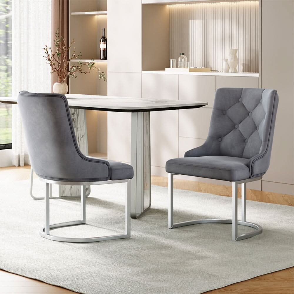 Velvet Upholstered Dining Chair Button Tufted Design Light Grey