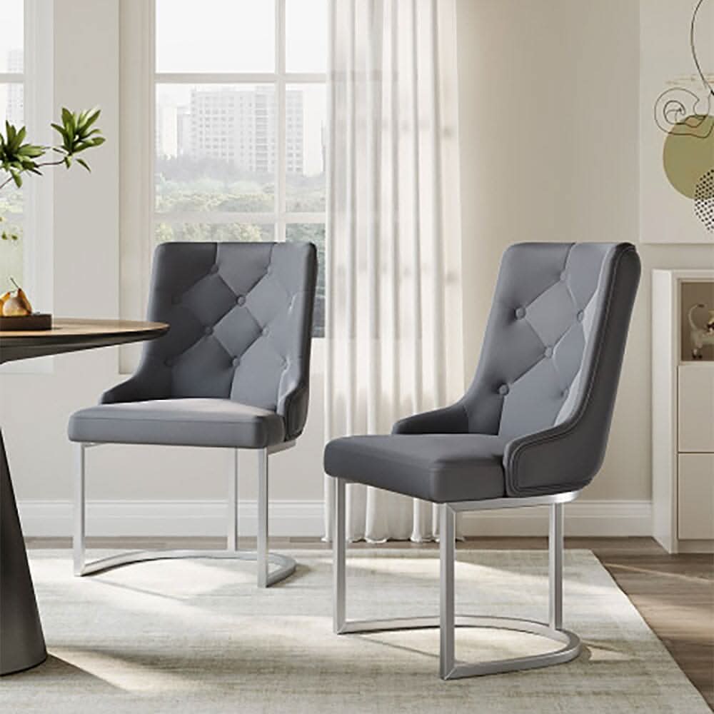 Velvet Upholstered Dining Chair Button Tufted Design Light Grey