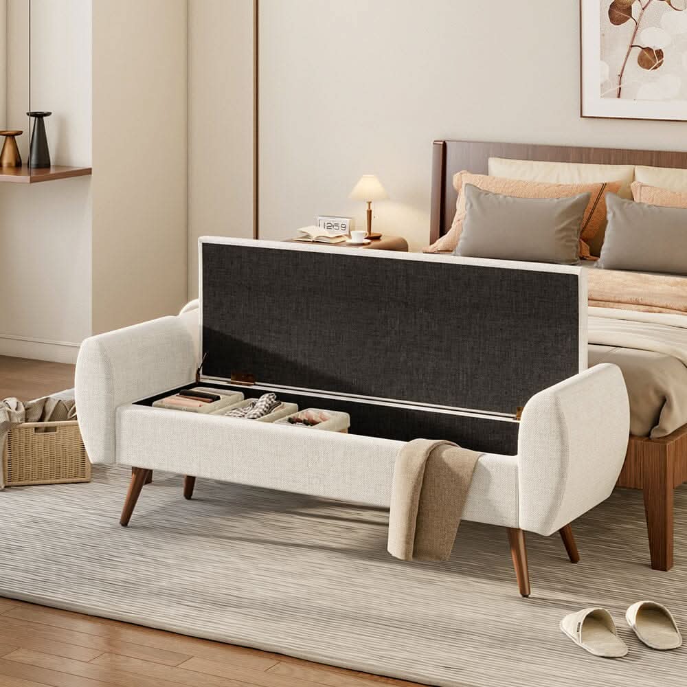 Upholstered Storage Bench with Hidden Compartment – Fabric Ottoman with Wooden Legs