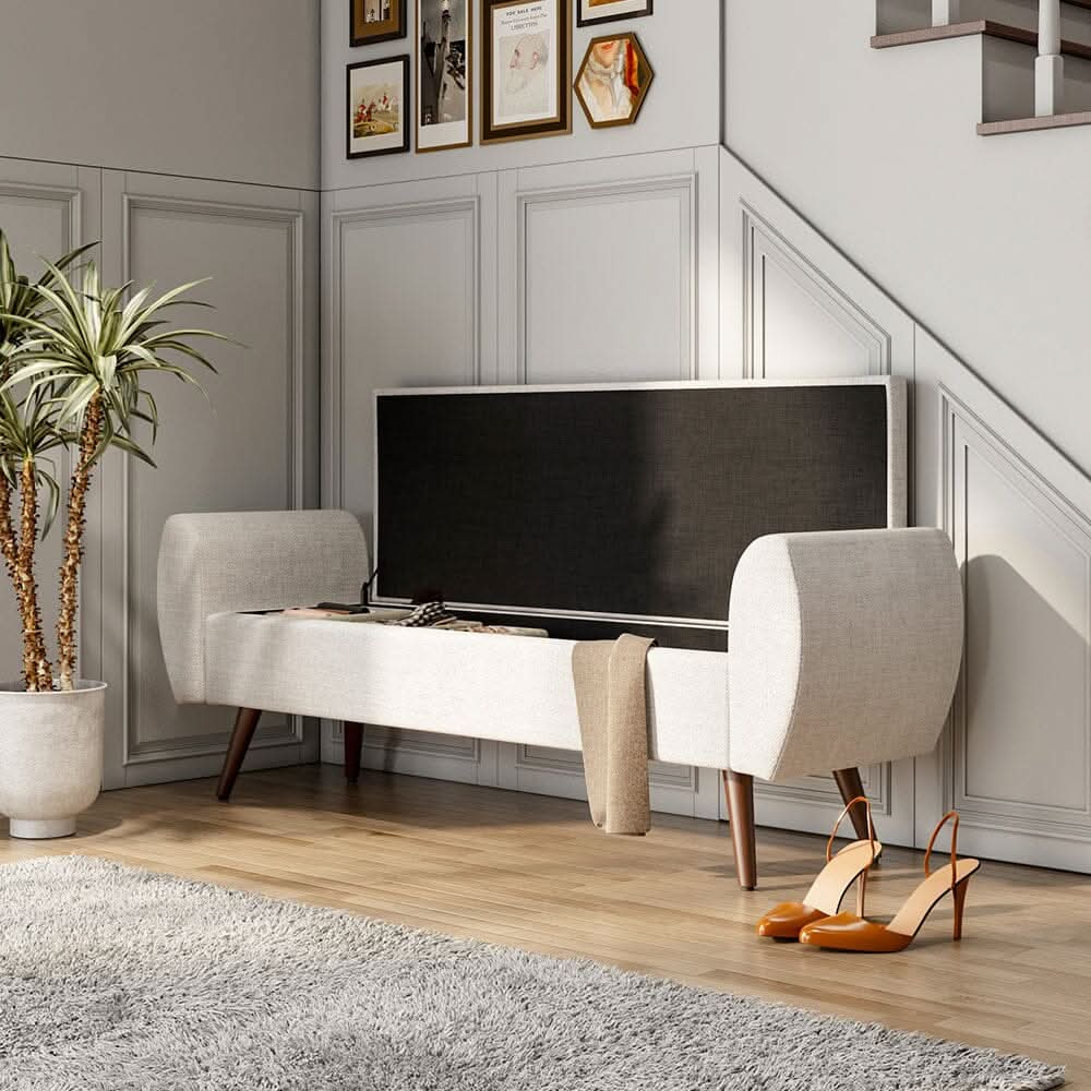 Upholstered Storage Bench with Hidden Compartment – Fabric Ottoman with Wooden Legs