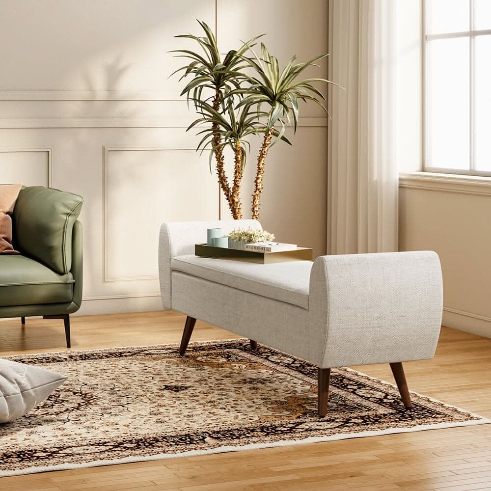 Upholstered Storage Bench with Hidden Compartment – Fabric Ottoman with Wooden Legs