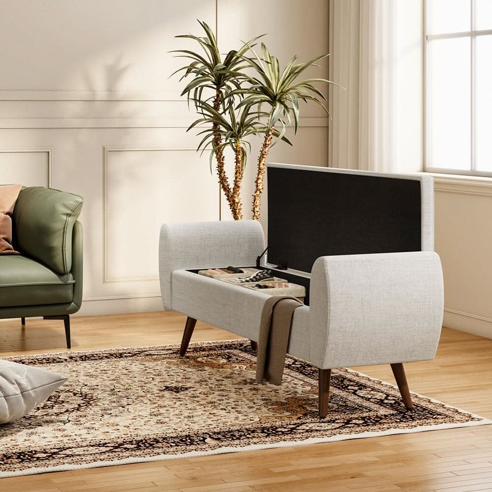 Upholstered Storage Bench with Hidden Compartment – Fabric Ottoman with Wooden Legs