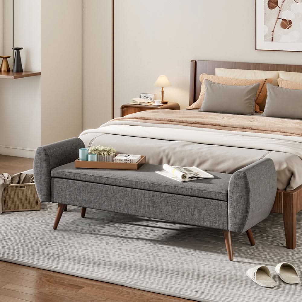 Upholstered Storage Bench with Hidden Compartment – Fabric Ottoman with Wooden Legs