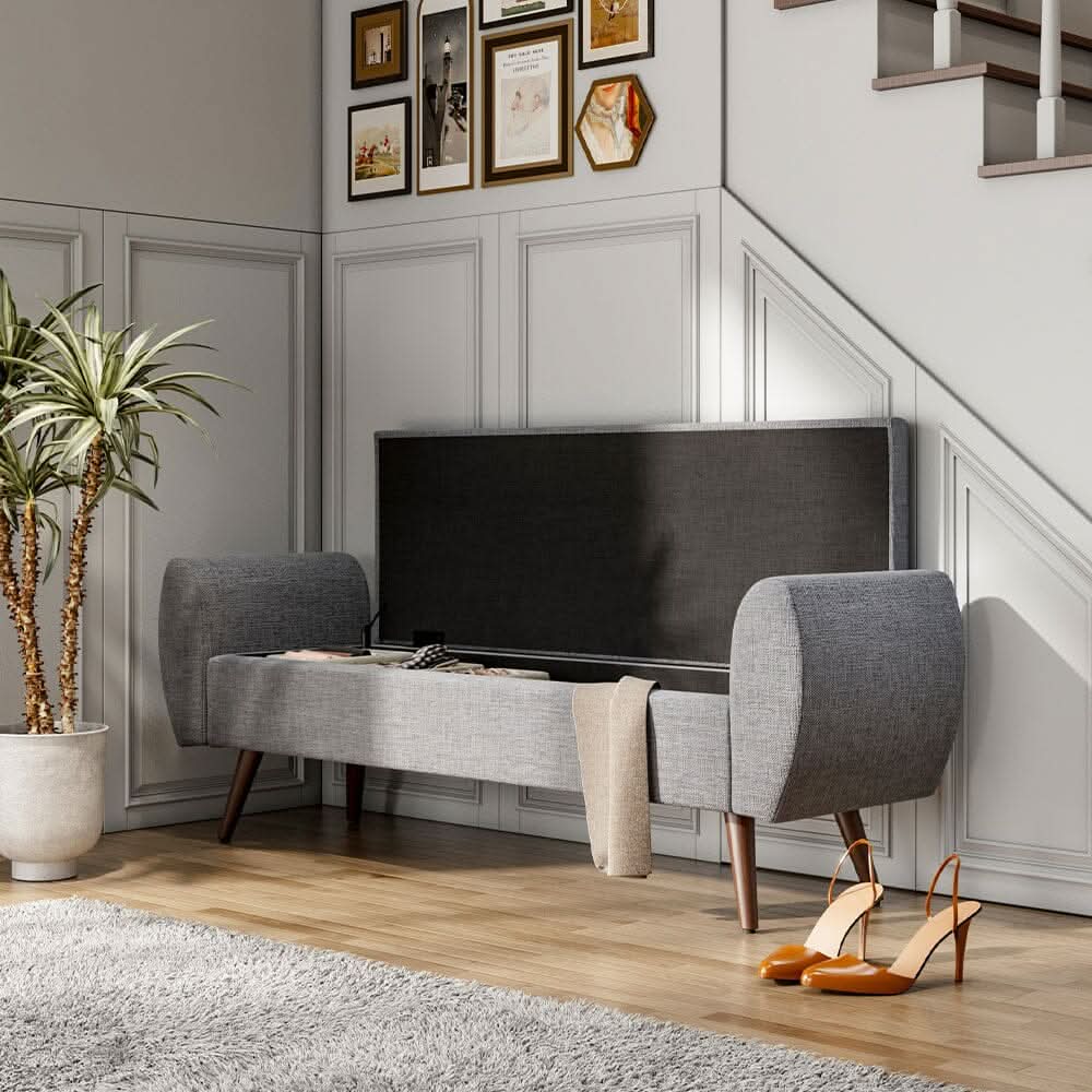 Upholstered Storage Bench with Hidden Compartment – Fabric Ottoman with Wooden Legs