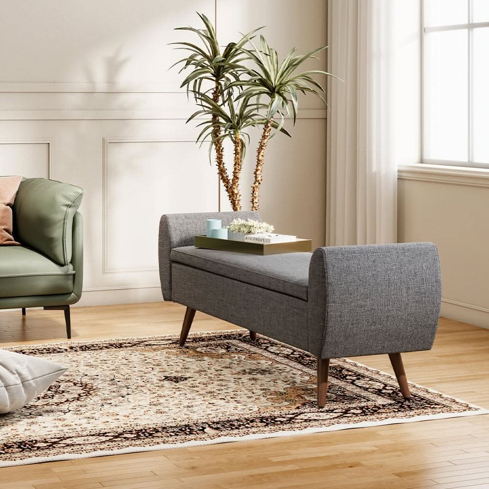 Upholstered Storage Bench with Hidden Compartment – Fabric Ottoman with Wooden Legs