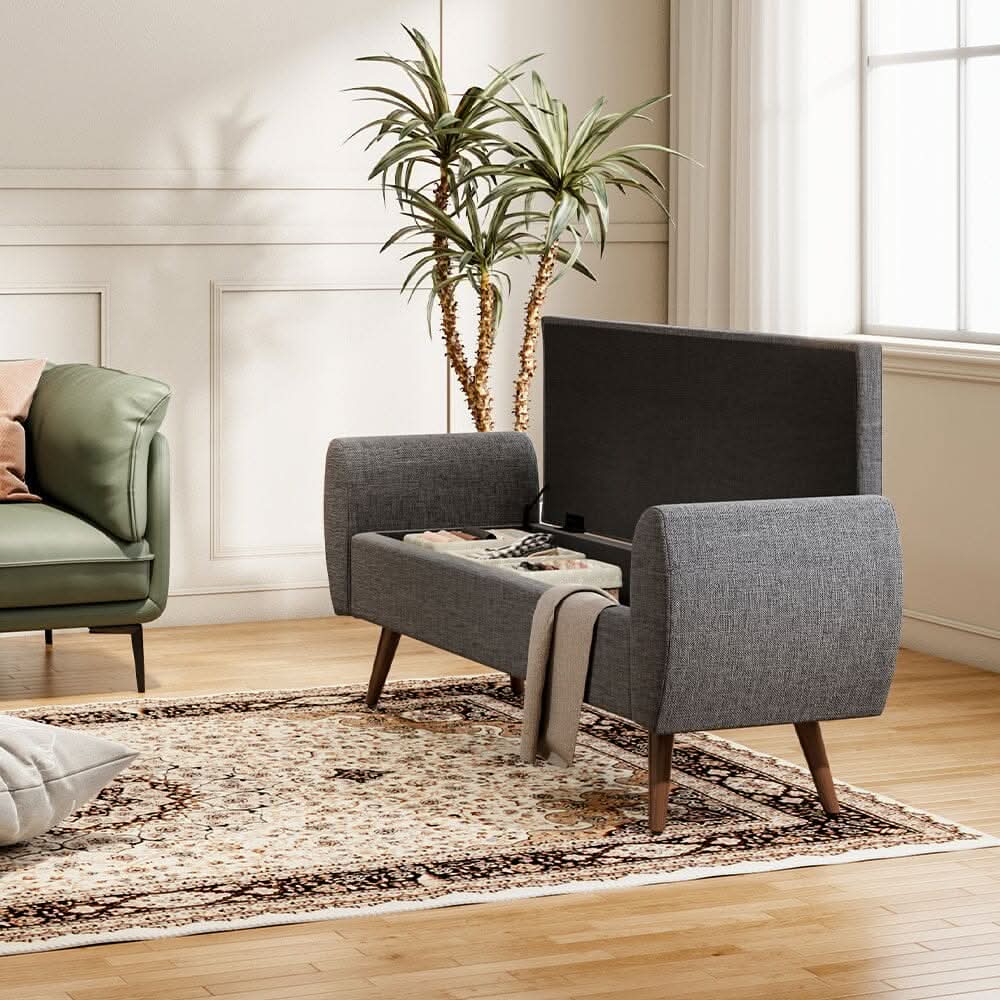 Upholstered Storage Bench with Hidden Compartment – Fabric Ottoman with Wooden Legs