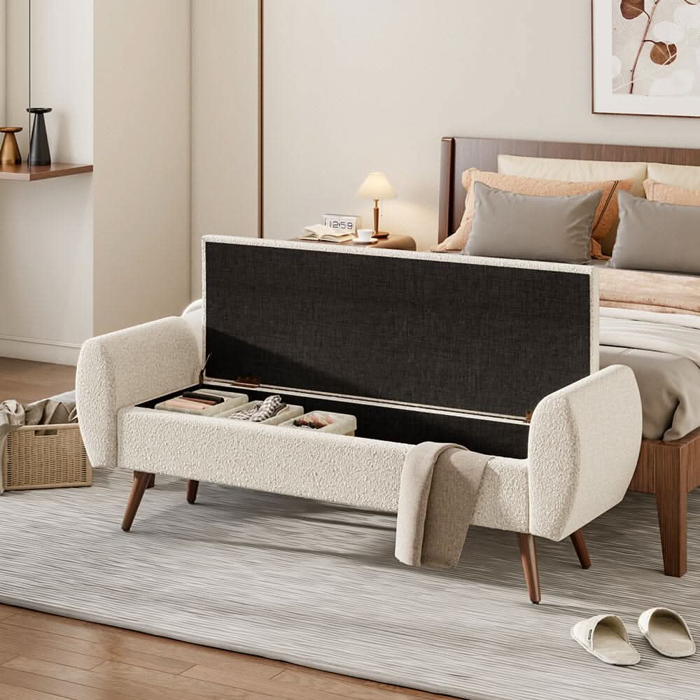 Upholstered Storage Bench with Hidden Compartment – Fabric Ottoman with Wooden Legs
