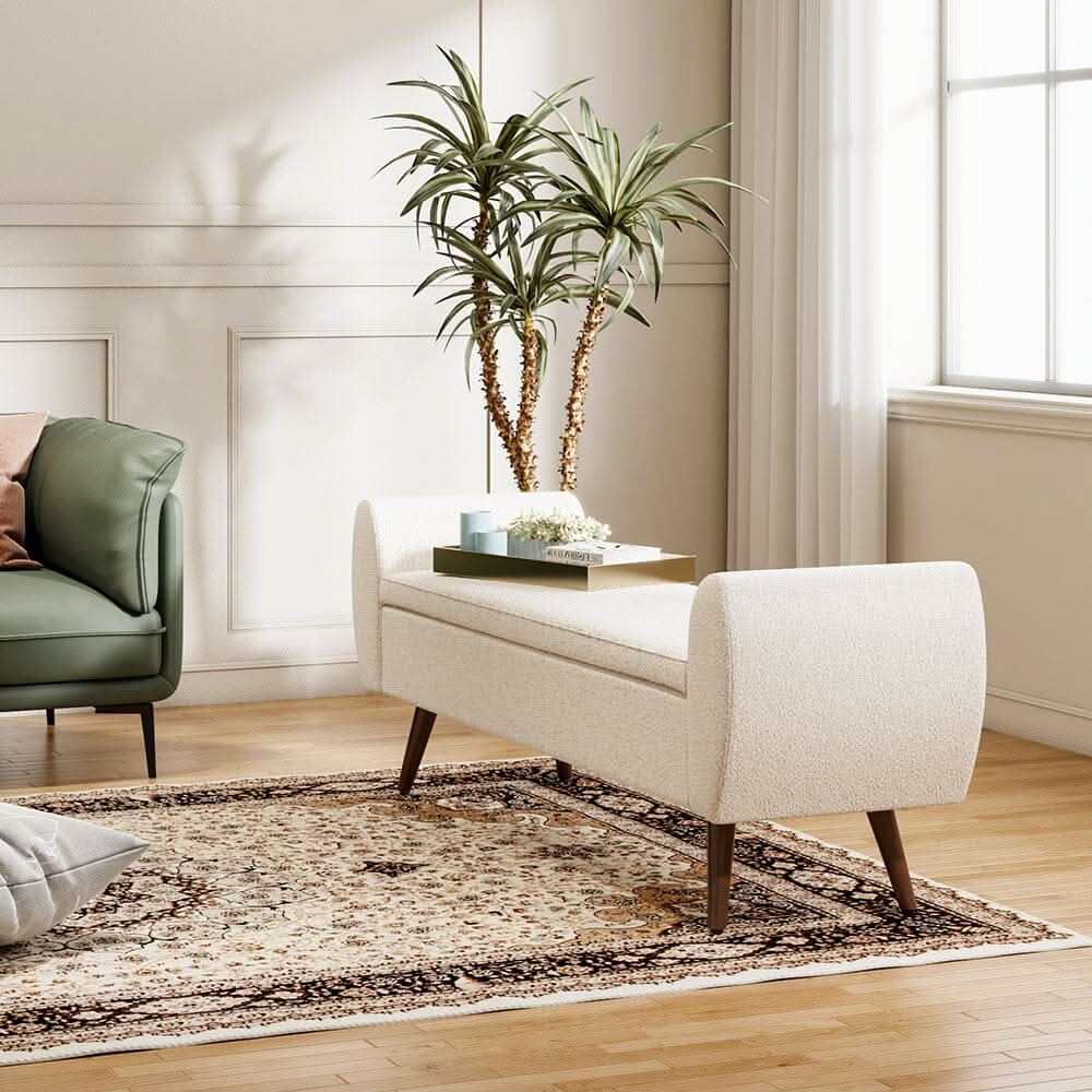 Upholstered Storage Bench with Hidden Compartment – Fabric Ottoman with Wooden Legs