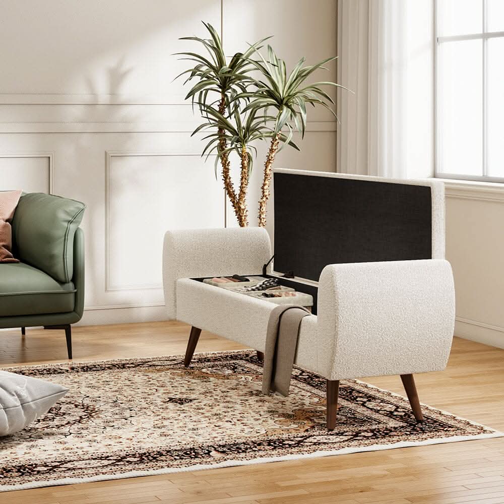 Upholstered Storage Bench with Hidden Compartment – Fabric Ottoman with Wooden Legs