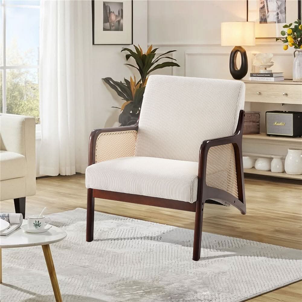 Scandi-Boho Rattan & Bouclé Accent Chair – Beige Corduroy