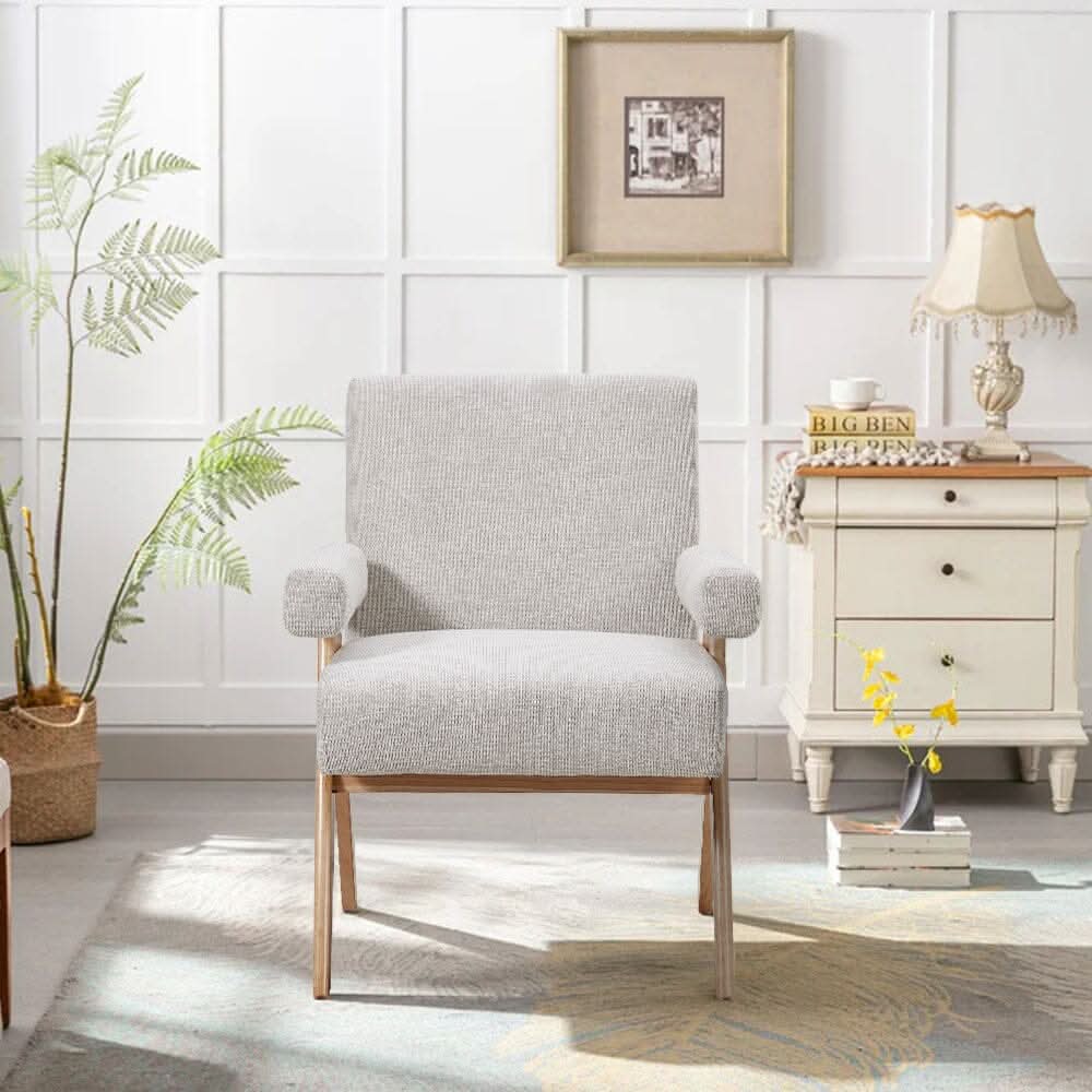 Mid-Century Modern Textured Fabric Accent Chair – Beige