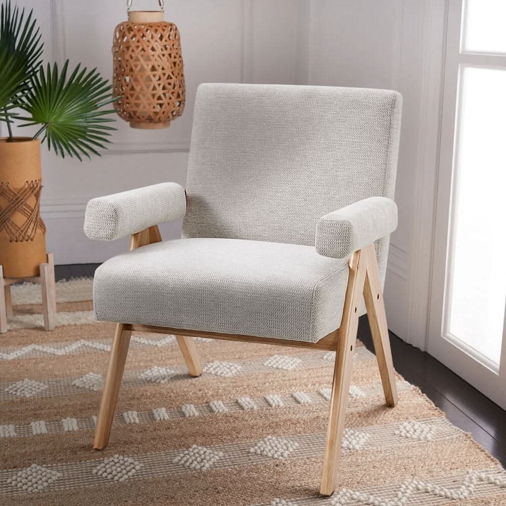 Mid-Century Modern Textured Fabric Accent Chair – Beige
