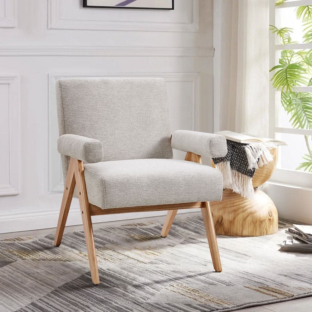 Mid-Century Modern Textured Fabric Accent Chair – Beige