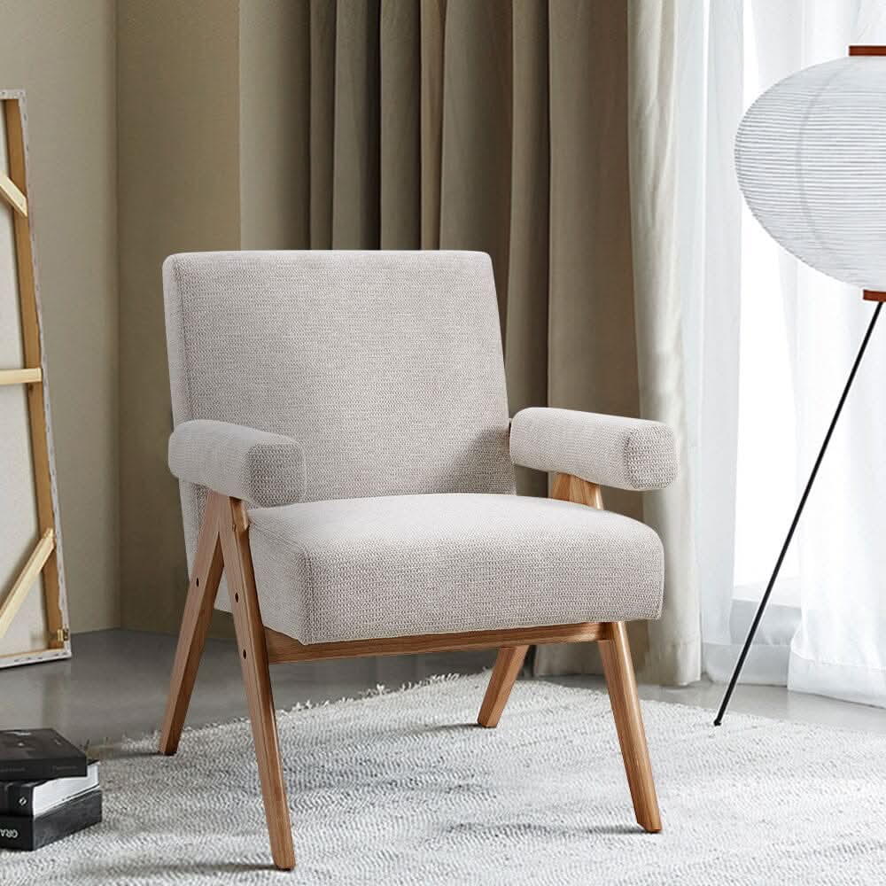 Mid-Century Modern Textured Fabric Accent Chair – Beige