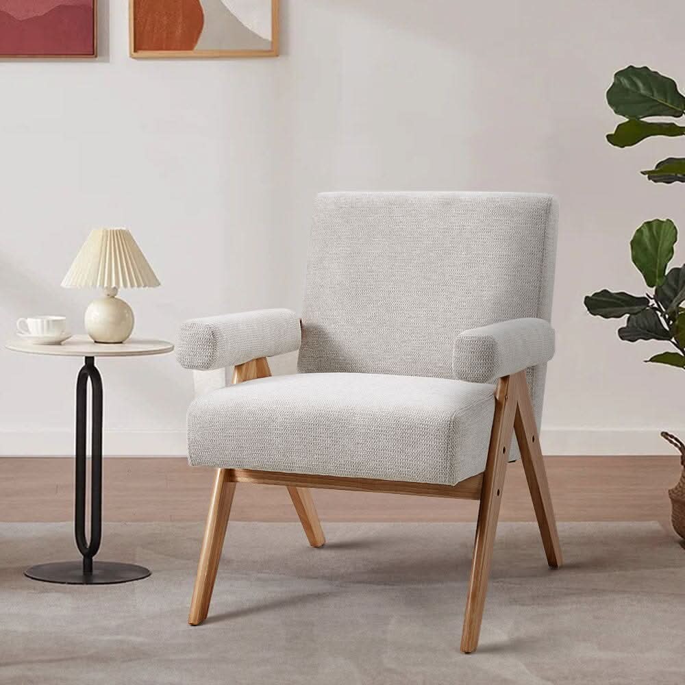 Mid-Century Modern Textured Fabric Accent Chair – Beige