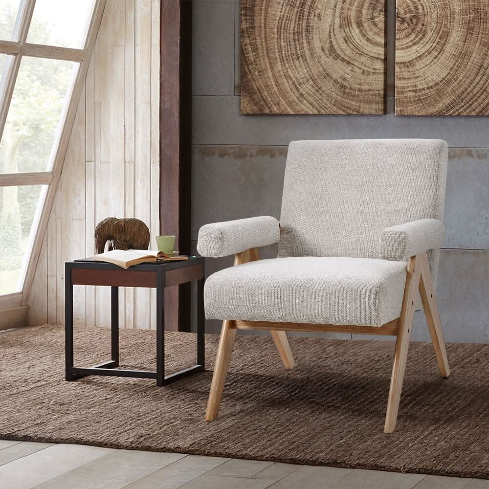 Mid-Century Modern Textured Fabric Accent Chair – Beige