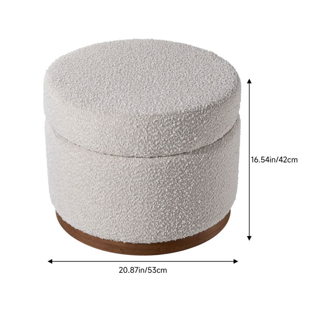 Large Off-White Fleece Storage Ottoman with Wooden Base