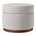 Large Off-White Fleece Storage Ottoman with Wooden Base