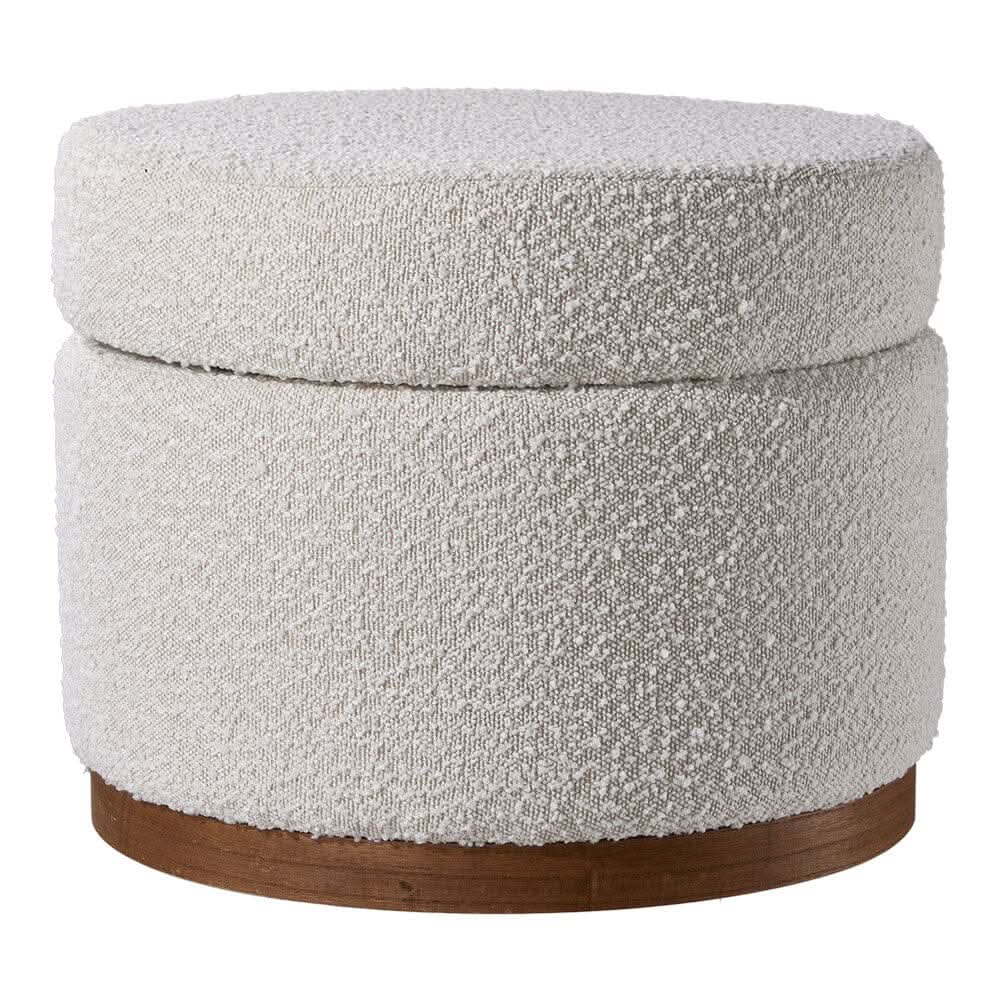 Large Off-White Fleece Storage Ottoman with Wooden Base