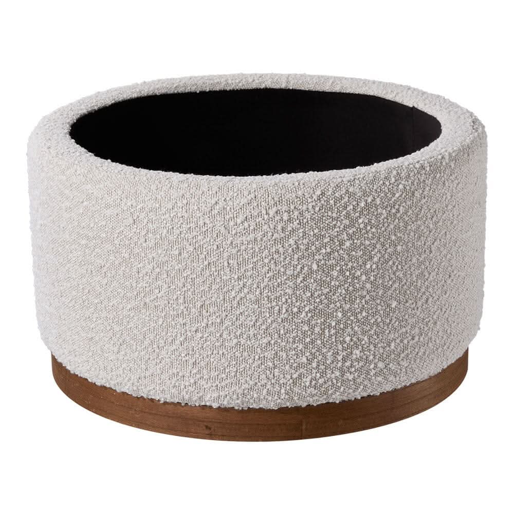 Large Off-White Fleece Storage Ottoman with Wooden Base