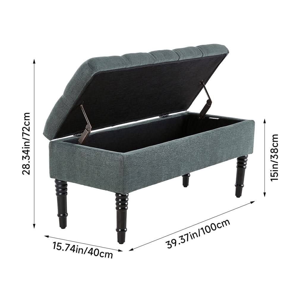 Green Linen Storage Bench with Tufted Top & Black Rubberwood Curved Legs