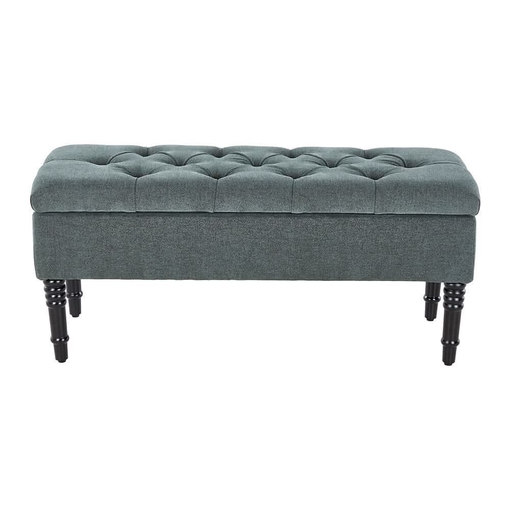 Green Linen Storage Bench with Tufted Top & Black Rubberwood Curved Legs
