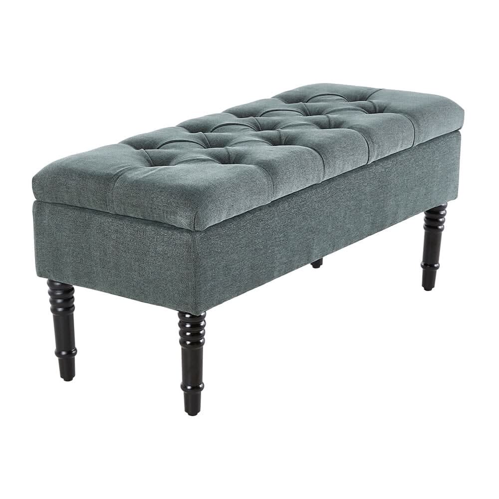 Green Linen Storage Bench with Tufted Top & Black Rubberwood Curved Legs