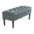 Green Linen Storage Bench with Tufted Top & Black Rubberwood Curved Legs