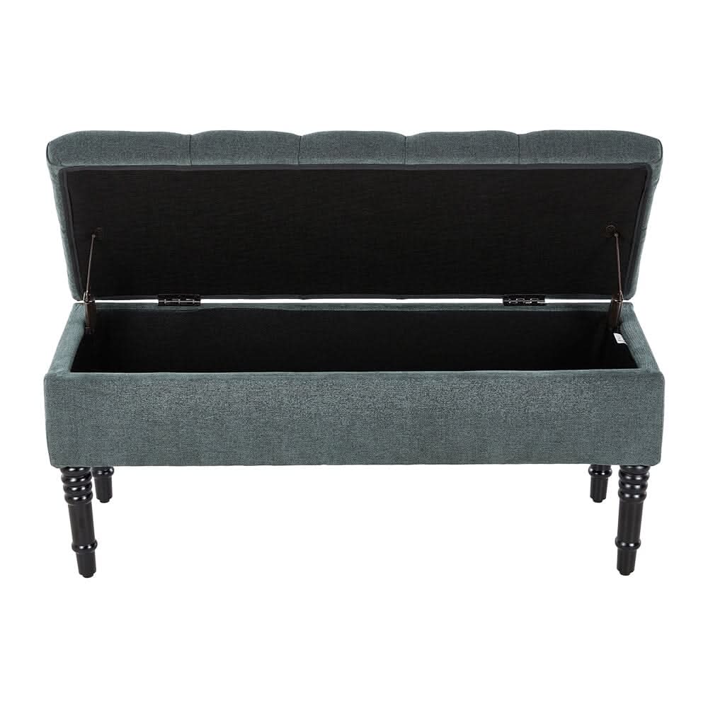 Green Linen Storage Bench with Tufted Top & Black Rubberwood Curved Legs