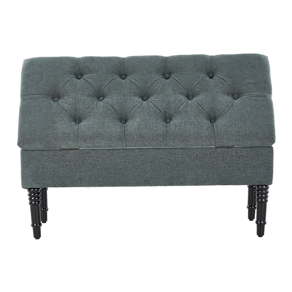 Green Linen Storage Bench with Tufted Top & Black Rubberwood Curved Legs