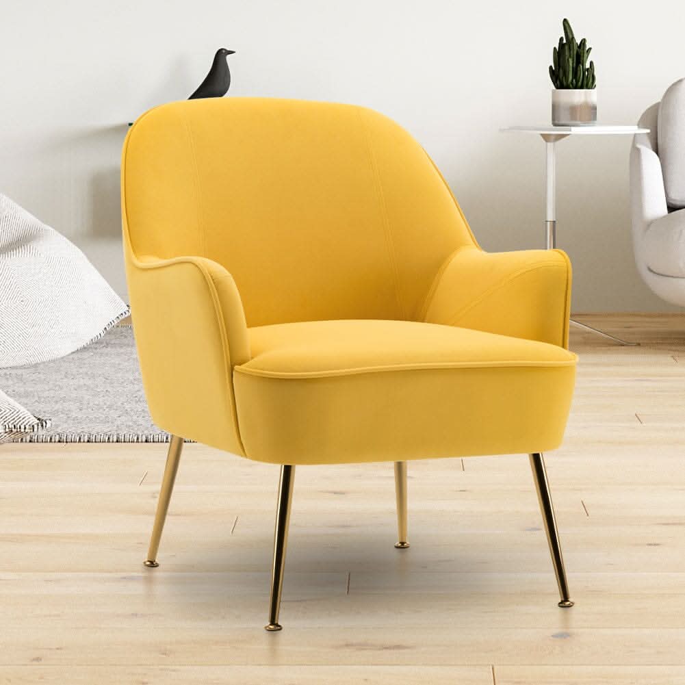 Retro Glam Accent Chair Mustard Yellow Velvet with Gold Legs