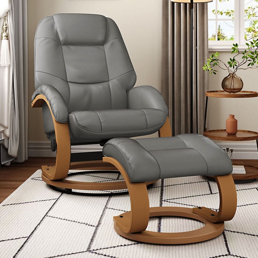 Executive Chair with Ottoman Grey PU Leather 360 Swivel Wood Base
