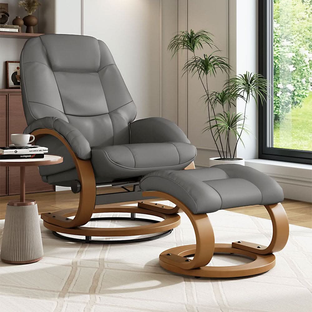 Executive Chair with Ottoman Grey PU Leather 360 Swivel Wood Base