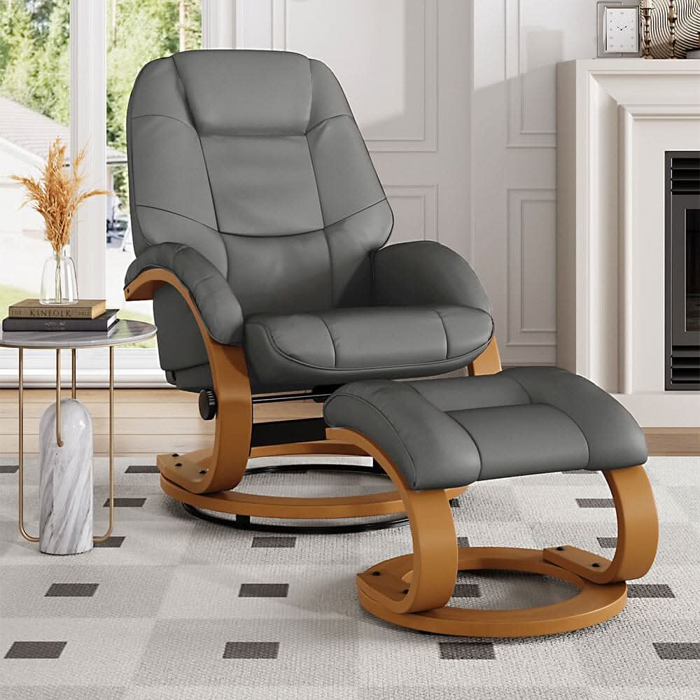 Executive Chair with Ottoman Grey PU Leather 360 Swivel Wood Base