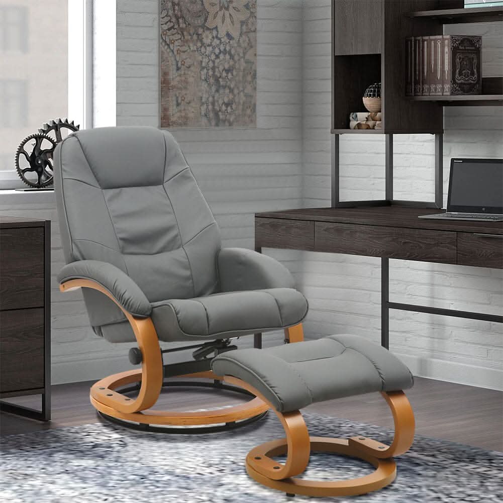 Executive Chair with Ottoman Grey PU Leather 360 Swivel Wood Base