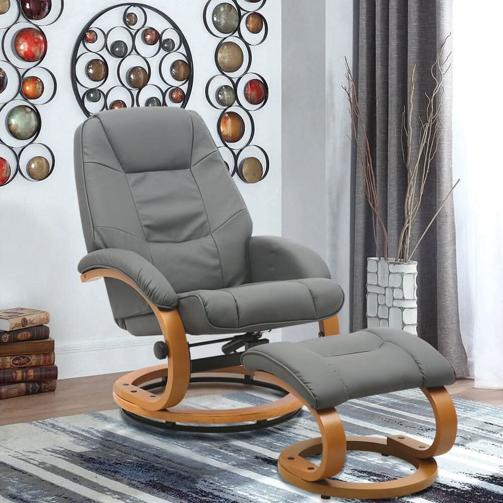 Executive Chair with Ottoman Grey PU Leather 360 Swivel Wood Base