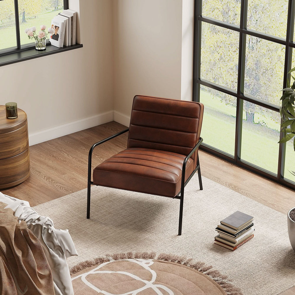 Modern Leisure Accent Chair Brown Faux Leather with Black Metal Frame