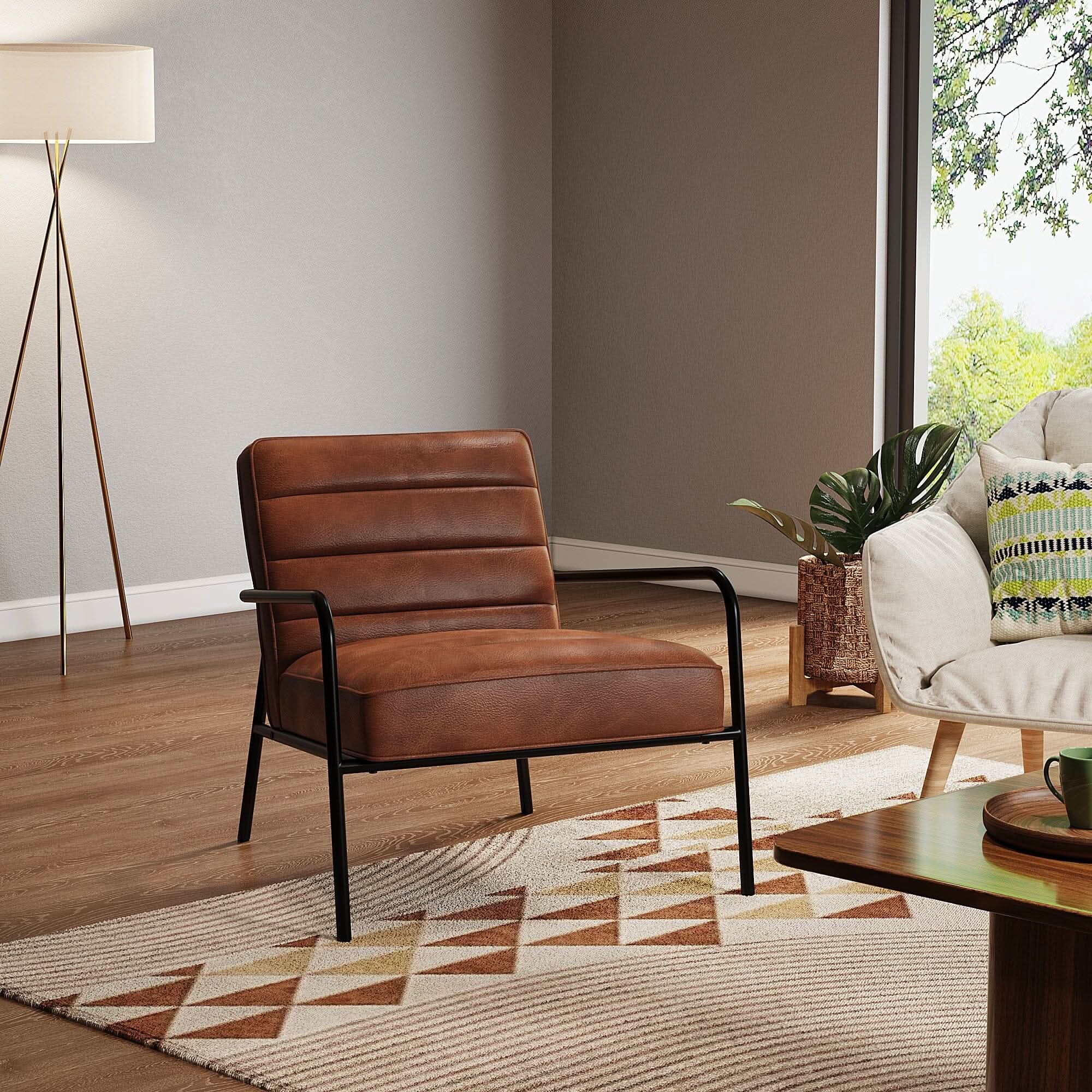 Modern Leisure Accent Chair Brown Faux Leather with Black Metal Frame