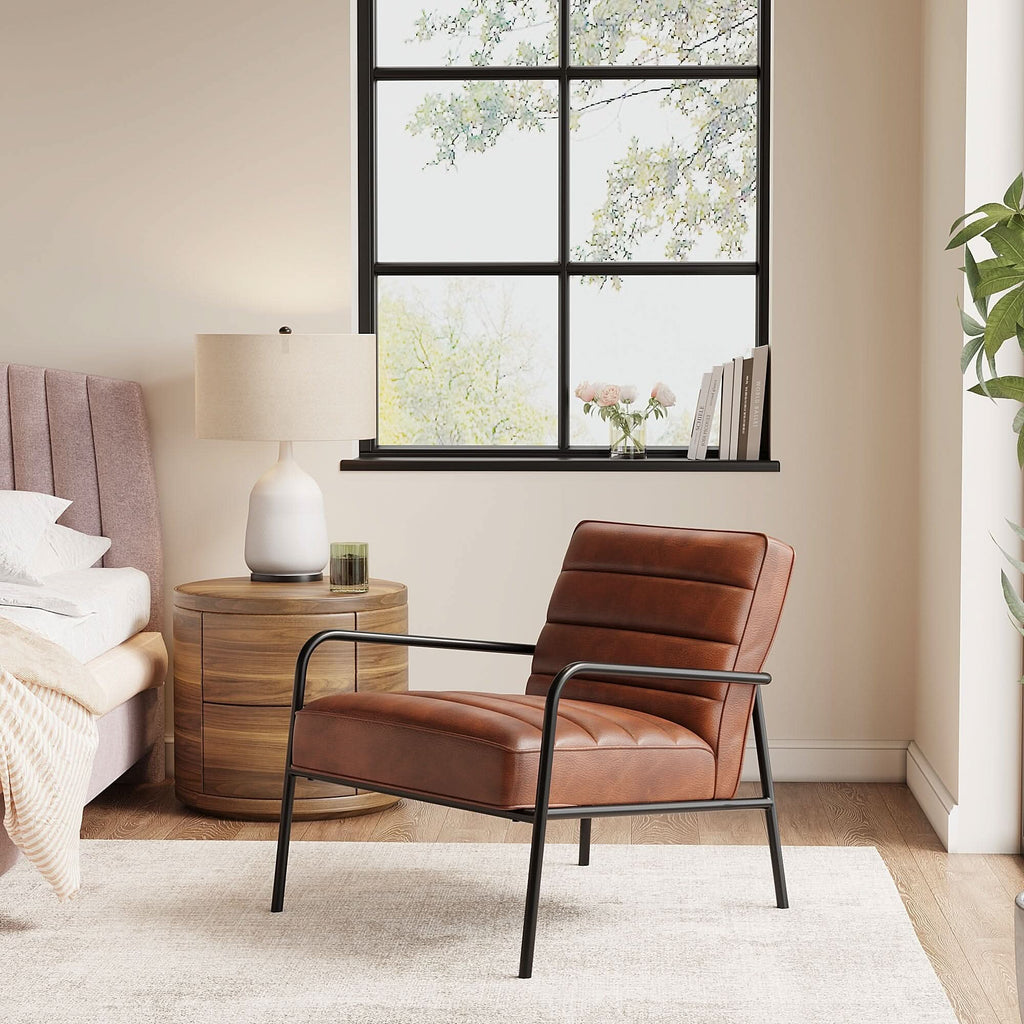 Modern Leisure Accent Chair Brown Faux Leather with Black Metal Frame