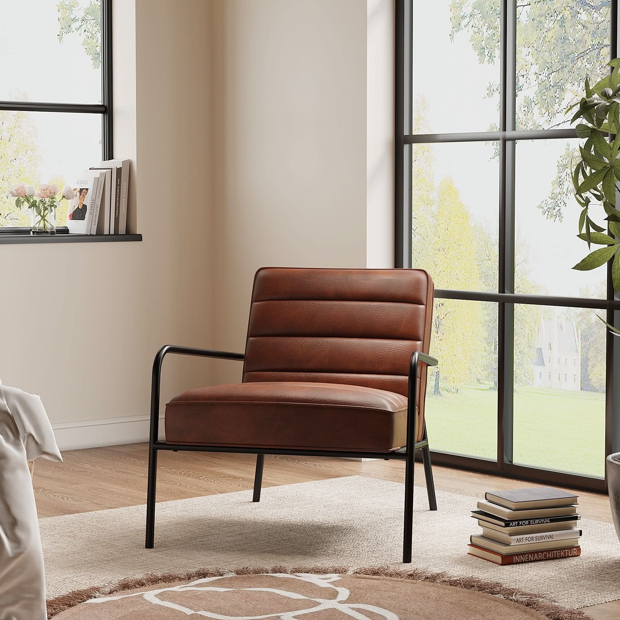 Modern Leisure Accent Chair Brown Faux Leather with Black Metal Frame
