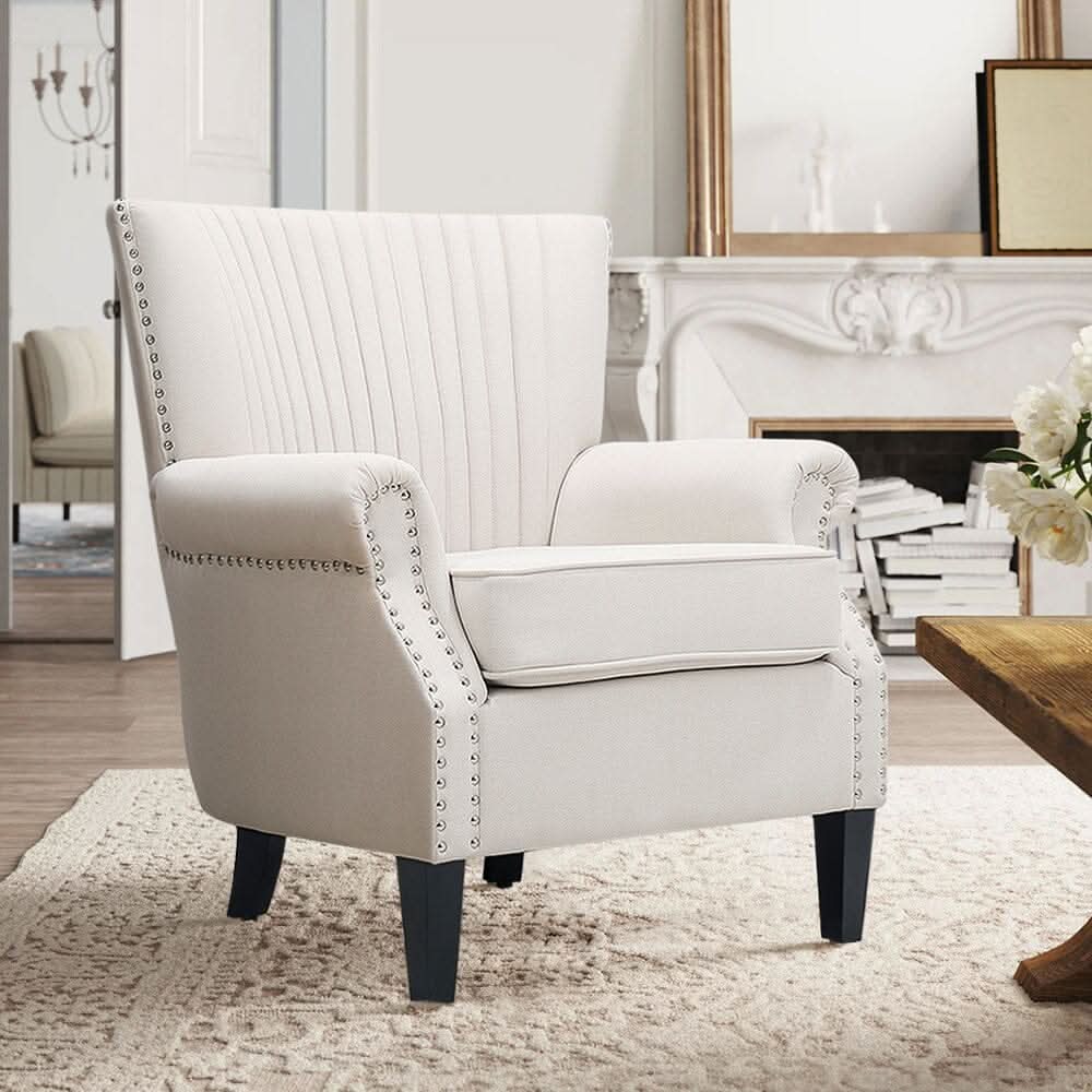 Accent Chair Beige Linen Black Rubber Wood Legs Spring Cushion